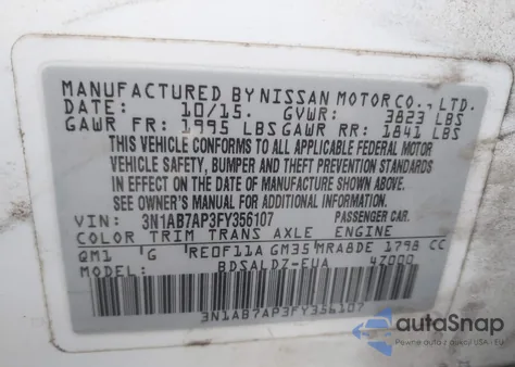 2015 Nissan Sentra Sv из США, поврежденный, VIN 3N1AB7AP3FY356107